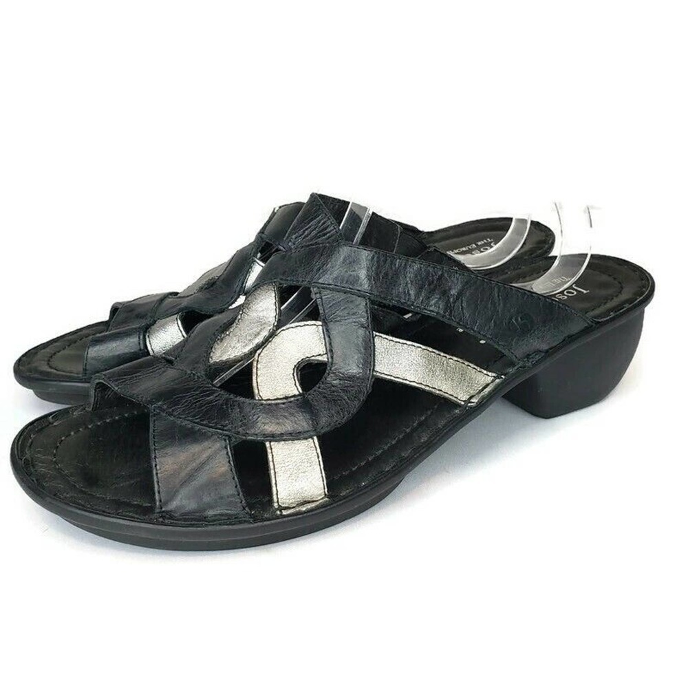Josef Seibel Womens Black Silver Leather Strappy Slide Heel Sandals Size 41 EU